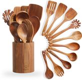 Bikolo Set d'ustensiles de cuisine en bois 10 pièces + support