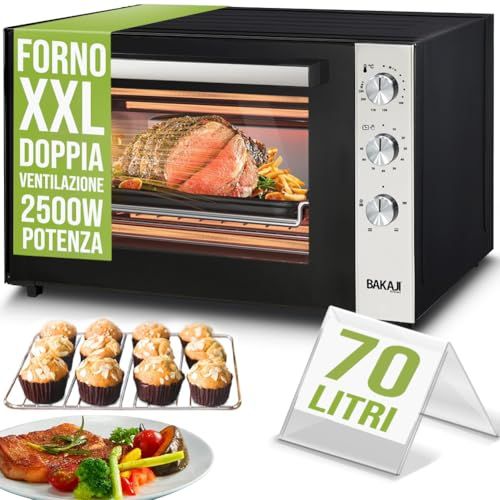Bakaji Elektrische oven met convectiecapaciteit 70 liter vermogen 2500 W temperatuur instelbaar tot 250 ° 2 ventilaties verwarmbaar staal binnenverlichting timerfunctie rotisserie (70 liter)