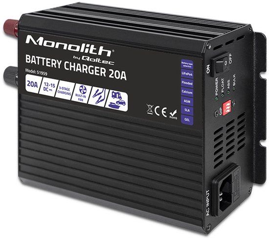 Qoltec Monolith Serie - Intelligente Acculader - 20A - 12V - Geschikt voor LiFePO4, AGM, GEL, SLA