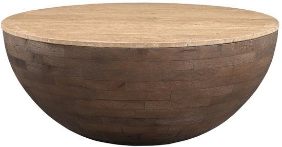 Giga Meubel Salontafel Aiden Rond - Travertin/Hout - Donkerbruin - 90x90x38cm