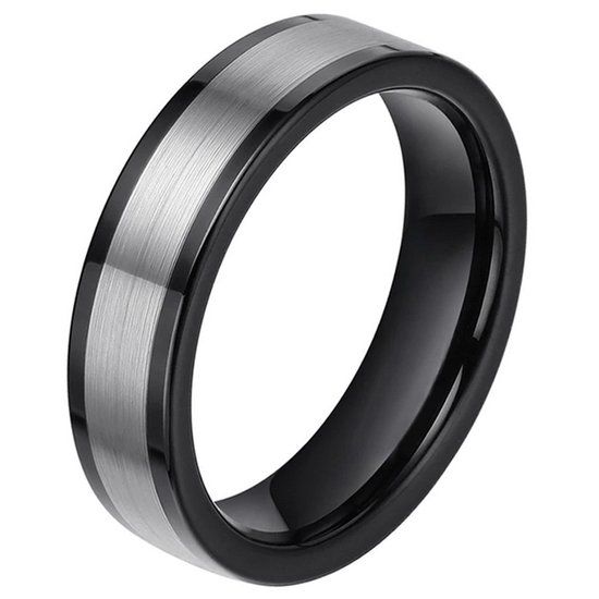 Mendes Jewelry Wolfraam heren ring smal model Zwart Zilverkleurig 6mm-21.5mm