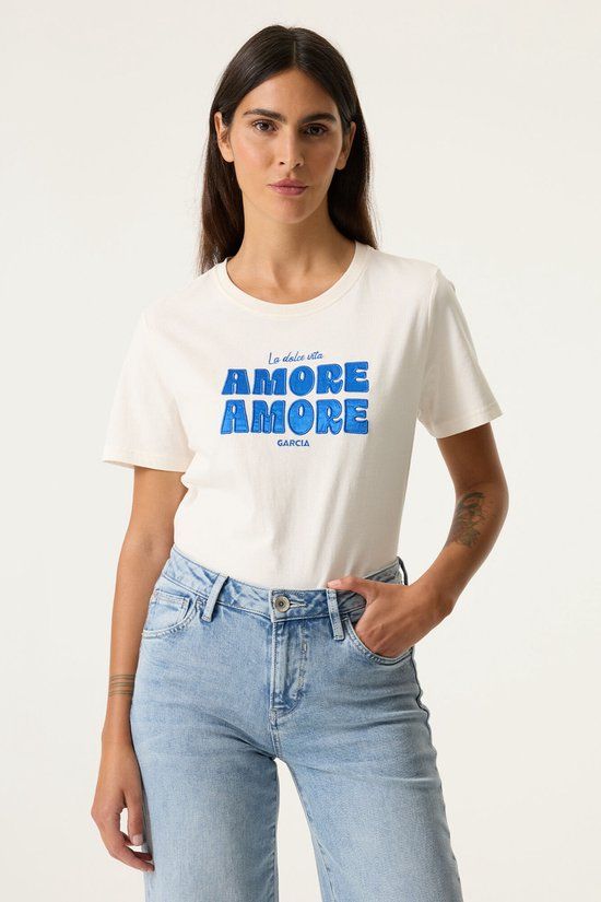Garcia Dames Tekst Print T-shirt Wit Korte mouw