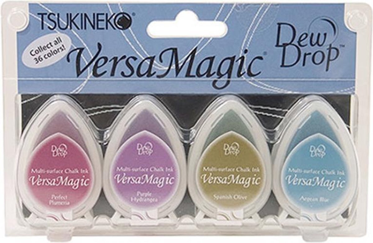 Tsukineko Set VersaMagic Dew Drops - Jewel Box set van 4 drops: perfect plumeria, spanish olive, aegean blue, purple hydrangea