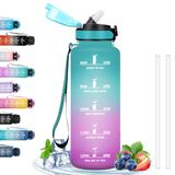 Grsta Waterfles, 1,5 l, sportschool, lekvrij, motiveringsfunctie, met tijdschaal, met rietje, gemakkelijk te reinigen, voor sport, fitness, fietsen, kamperen, hardlopen