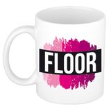 Bellatio Decorations Floor naam cadeau koffie mok - beker - met roze verfstrepen - Cadeau collega - moederdag - verjaardag - juf - coach - 300 ml - wit