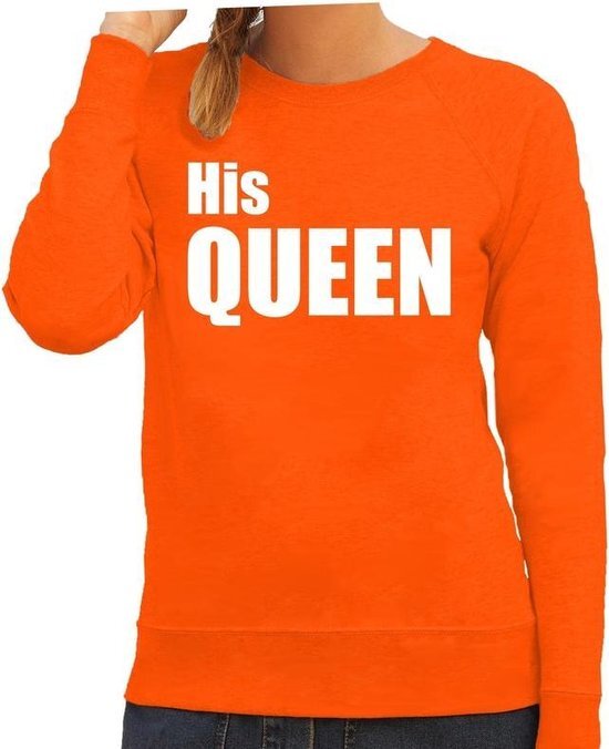 Bellatio Decorations His queen sweater / trui oranje met witte letters voor dames - Koningsdag - fun tekst truien / Hollandse sweaters L