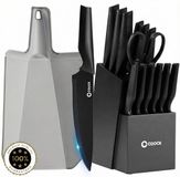 COOCK - Messenset met Blok en Vouwbare Snijplank – Keukenmessen - Schaar - Messenslijper – 15-Delige Keukengerei Set in Messenblok - RVS – Met ‘Non Stick’ Coating - Zwart