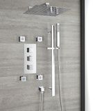 Kubix Ensemble de douche - 3 voies thermostatique avec inverseur, pomme de douche et douchette à main avec barre de glissière et douches latérales Chrome