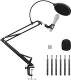 Amazon Basics Verstelbare Microfoonarm, 35,6cm, Geschikt voor Standaardmicrofoons, Instelbare Spanning, met Popfilter en Windscherm, Bureauklembevestiging, Zwart