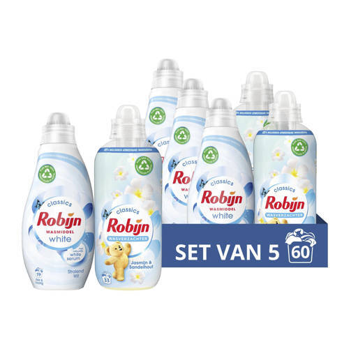 Robijn Robijn Perfect Match Stralend Wit en Jasmijn & Sandelhout wasmiddel en wasverzachter Pakket - set van 5 (60 wasbeurten) - voordeelverpakking - 60 wasbeurten