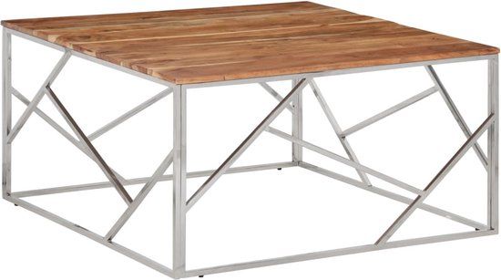 vidaXL Salontafel roestvrij staal en massief acaciahout zilverkleurig