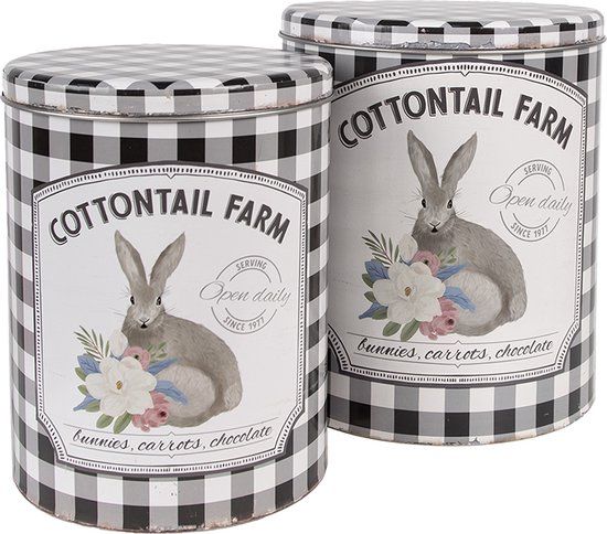 Clayre & Eef Bewaardoos - Ø 20x24 cm - Wit Zwart Metaal - Rond - Konijn