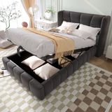 MODFU Bedframe 90x200 cm – Linnenlook met wingback hoofdbord & hydraulisch – Grijs