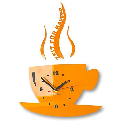 FLEXISTYLE Mok Tijd voor koffie Moderne keuken wandklok, 3D romans, wandklok decoratie (geel)
