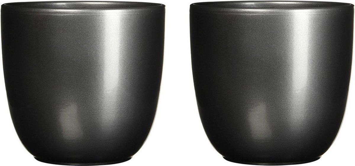 Mica Decorations 2x stuks bloempotten glans antraciet grijs keramiek H9 x D10 cm - plantenpotten