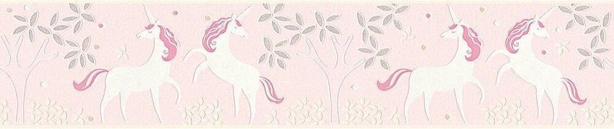 A.S. Création Only Borders 11 - \"unicorn\" EENHOORN BEHANGRAND - roze wit met een zilver glitter