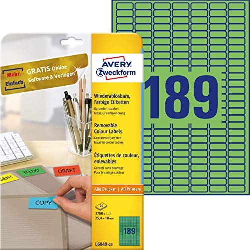 AVERY Zweckform L6048-20 Kleurige etiketten (A4, 3.780 stuks, verwijderbaar, 25,4 x 10 mm) groen