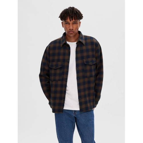 SELECTED HOMME Geruit Flanellen Oversized Overshirt SLHLOOSEMASON - Bruin