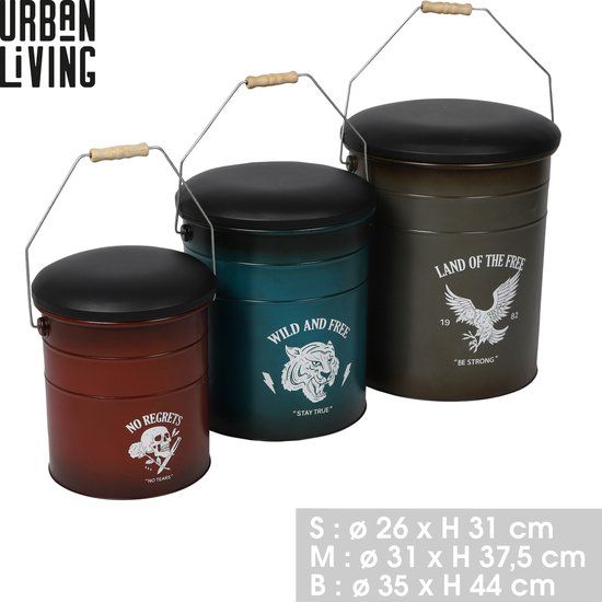 Urban Living Pouf Set 3-delig, Industrieel, Rond, Veelkleurig, Kunstleer/Linnen, D35xH44cm