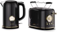 Klarstein Victoria Essential ontbijtset, retro broodrooster voor 2 sneetjes met 7 bruiningsstanden, broodjeshouder, uitneembare kruimellade, 1,7 l waterkoker met kalkfilter, automatische uitschakeling, zwart