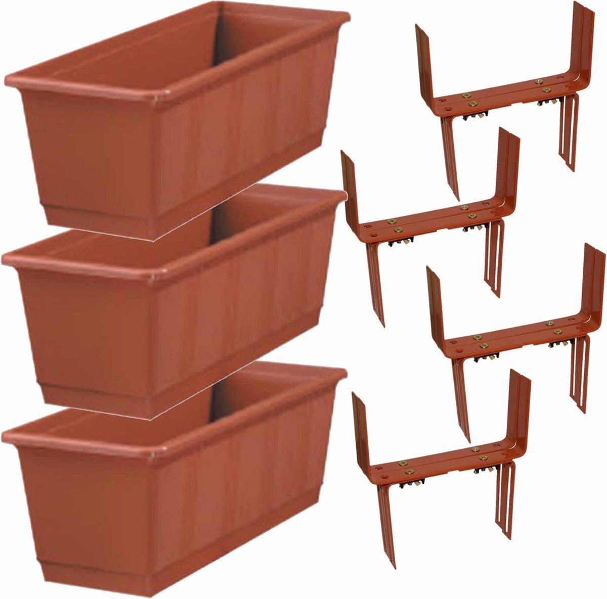 Geli Set of 3 Plastic Planters Terracotta Rectangular 40 cm with 6 Adjustable Balcony/Wall Brackets