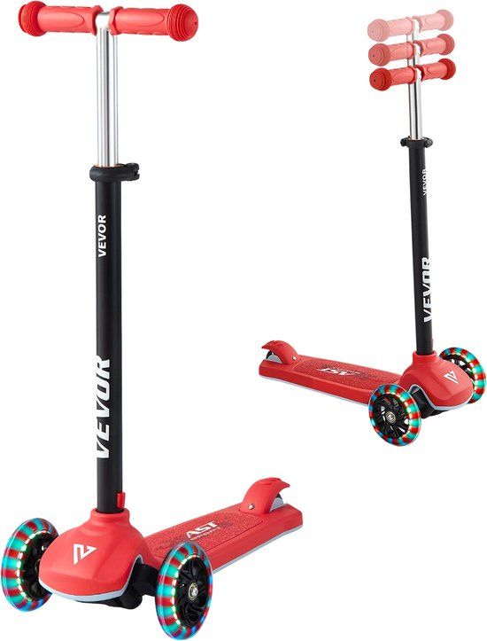 VEVOR Scooter (3 Wielen) voor Kinderen Vanaf 3 Jaar, Stadsscooter voor Kinderen met Lichtgevende Wielen, in Hoogte Verstelbaar Stuur, Antislip Platform en Lichtgewicht Aluminium Frame, Step voor Kinderen Tot 75 KG, Rood