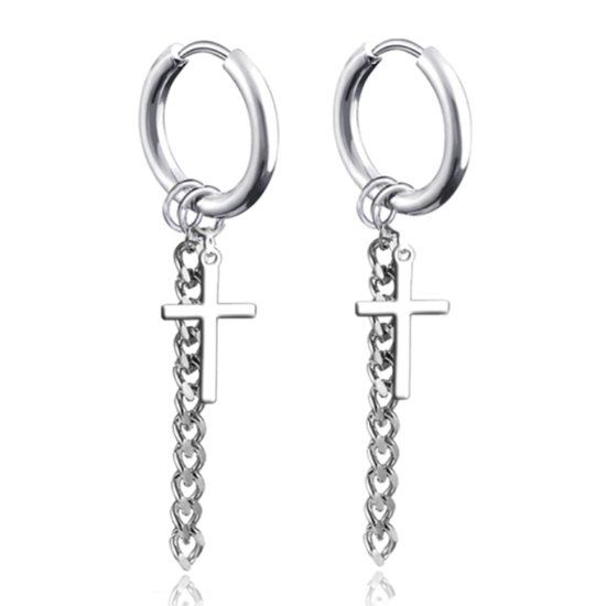 LGT JWLS Lookinggoodtoday Stalen oorringen mannen zilverkleurig met ketting en kruis