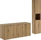 Meuble de salle de bain, 140 cm de large, avec une colonne haute et un plateau en chêne