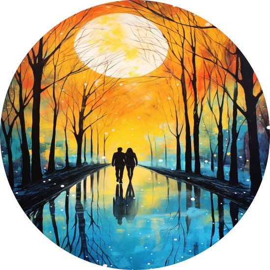 Merkloos / Sans marque Kleurrijke Stijlen Schilderij - Koppel Wandcirkel - Forex - 40x40 cm