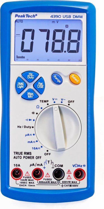 Peaktech 4390 TRMS Multimeter - 600V AC/DC, 10A AC/DC, USB, CAT III 600V