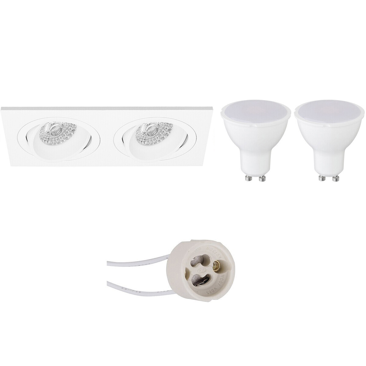 BES LED LED Spot Set - Pragmi Borny Pro - GU10 Fitting - Dimbaar - Inbouw Rechthoek Dubbel - Mat Wit - 6W - Helder/Koud Wit 6400K - Kantelbaar - 175x92mm