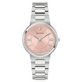 Bulova 96L335 Dames Polshorloge Roze Analoog Kwarts Staal Zilverkleurig