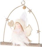 HBX natural living kerstengel hanger Ada roze met veren en textiel 17,5cm