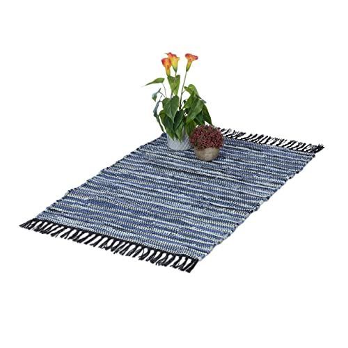 Relaxdays Uit lappen gemaakt tapijt - 60x100 cm - katoen & leer - handgeweven - blauw/grijs