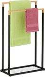 Relaxdays Handdoekenrek met 2 stangen, vrijstaand, 76 x 45 x 21,5 cm (h x b x d), douchehanddoekhouder voor badkamer, ijzer, zwart/naturel