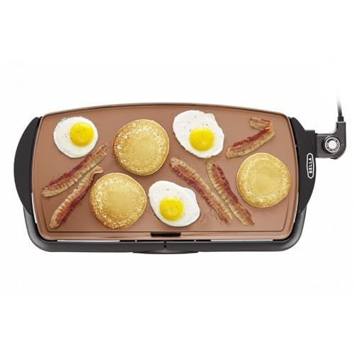bella Elektrische plaat met antiaanbaklaag van titanium keramiek, groot braadoppervlak voor het bakken van 10 eieren of 6 pannenkoeken, afneembare sonde en instelbare temperatuur, 27 cm x 50 cm, koper