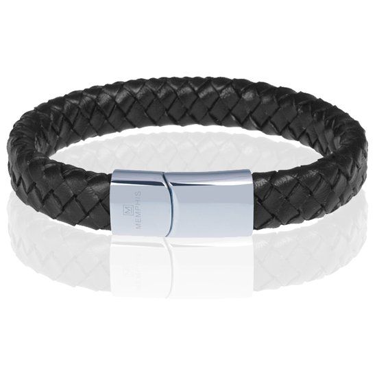 Memphis Gevlochten Leren Armband Zwart Zilverkleurig - 19cm
