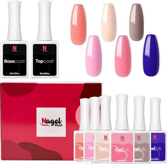 Nagelstad Gellak Kleuren Collectie Box - 6 Kleuren Gellak (15ml) + Top/Base Coat - Gel Polish - HEMA-Vrij