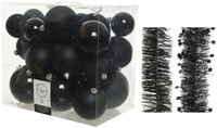 Decoris Boules de Noël et guirlandes en aluminium plastique noir 28 pièces - 6-8-10 cm - mat brillant paillettes - 2 guirlandes en aluminium