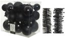 Decoris Boules de Noël et guirlandes en aluminium plastique noir 28 pièces - 6-8-10 cm - mat brillant paillettes - 2 guirlandes en aluminium