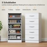 Commode 5 tiroirs, rangement à tiroirs pour vêtements et accessoires, panneaux de particules, blanc