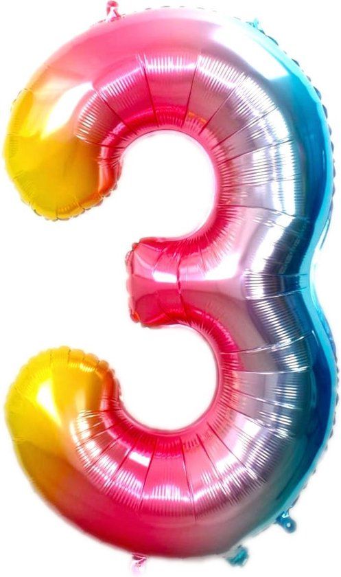 Folie Ballon Cijfer 3 Jaar Regenboog 70Cm - Verjaardag Folieballon Met Rietje