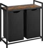 BRASQ Wasmand 2 vakken - Wassorteerder 76 Liter - Uitschuifbaar met Plank 73x33x71 cm - Wasbox Zwart Metaal - Bruin hout - Basket