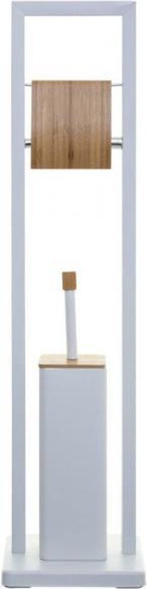 Toiletrolhouder Staand Metaal met Bamboe Wit + WC Borstel