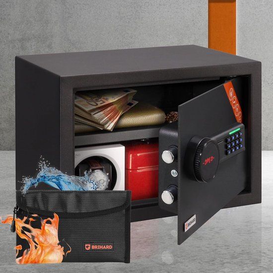 Brihard Family LCD Black Pearl Meubelkluis Elektronisch Slot met LCD Scherm Verlicht Toetsenbord en LED Verlichting 4mm Stalen Deur Inclusief Brandwerende Tas Satijnzwart Veiligheidskluis voor Geld Sieraden en Documenten met Noodsleutel