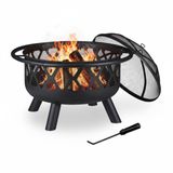 Relaxdays Vuurschaal met Vonkenscherm, Tuin & Terras, met Pook, Vuurkorf Buiten, Staal, Doorsnede 75 cm, Zwart