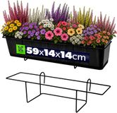 KADAX Bloempothouder, hangend, voor balustrade, balkon, terras, bloembak, binnen en buiten, plantenhouder van staal, bloembakhouder met haken, zwart (M, recht)