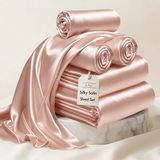 Madison Park Essentials Satijnen lakenset, luxe en zijdeachtig met natuurlijke glans, premium 40,6 cm diepe zak, rondom elastisch - beddengoed het hele jaar door, volledig, blush, 6-delig