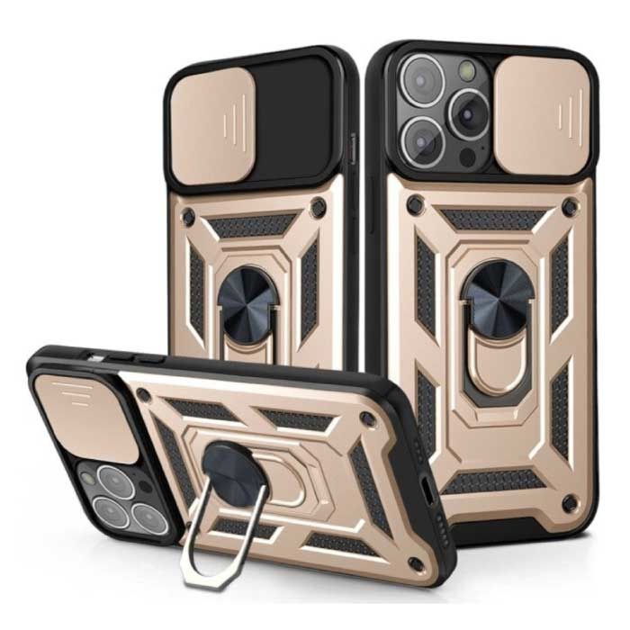Huikai iPhone 14 - Armor Hoesje met Kickstand en Camera Bescherming - Pop Grip Cover Case Goud