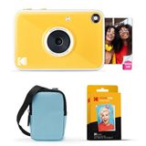 KODAK Printomatic+ 10MP Instantcamera Startpakket (Blauw) met Draagtas, RGB-LED-indicator en ZINK 20-stuks Kleefpapier – Geel